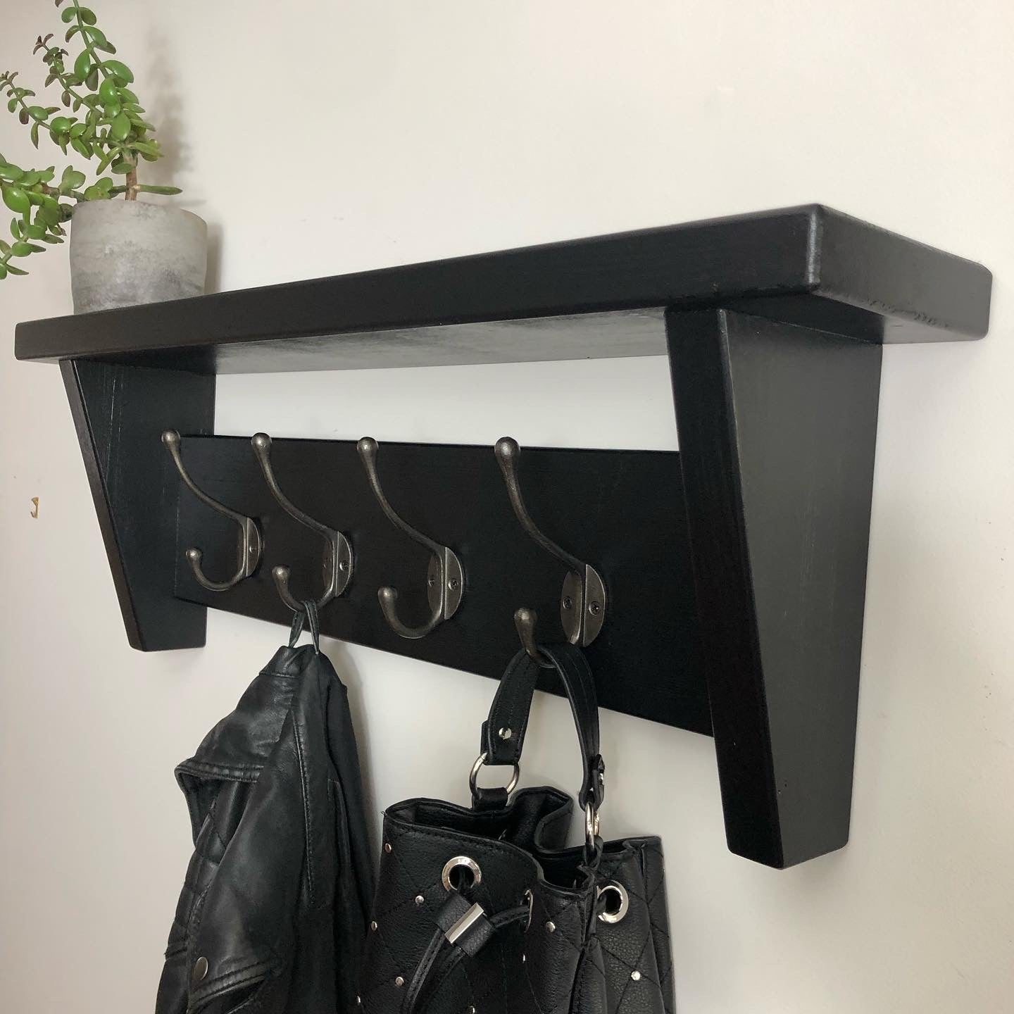 Black Coat Hook Shelf Strong Wooden Shelf with Solid Cast Iron Hooks Knots Ivy